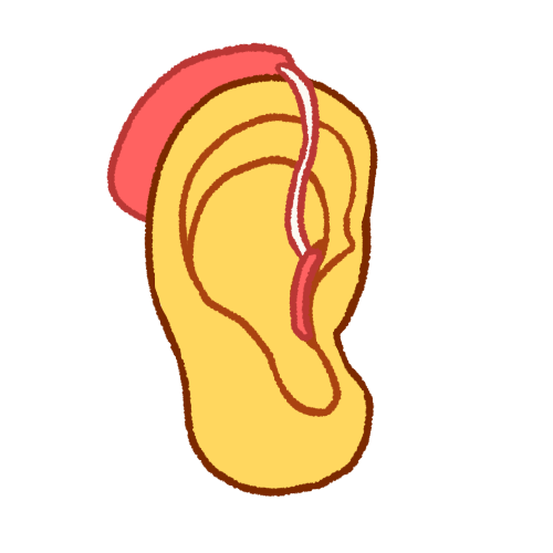 a right ear. it has a longer earlobe and pink behind-the-ear hearing aid. 